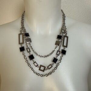 White House Black Market Triple Necklace Silver Tone Black Stones 3 Strand